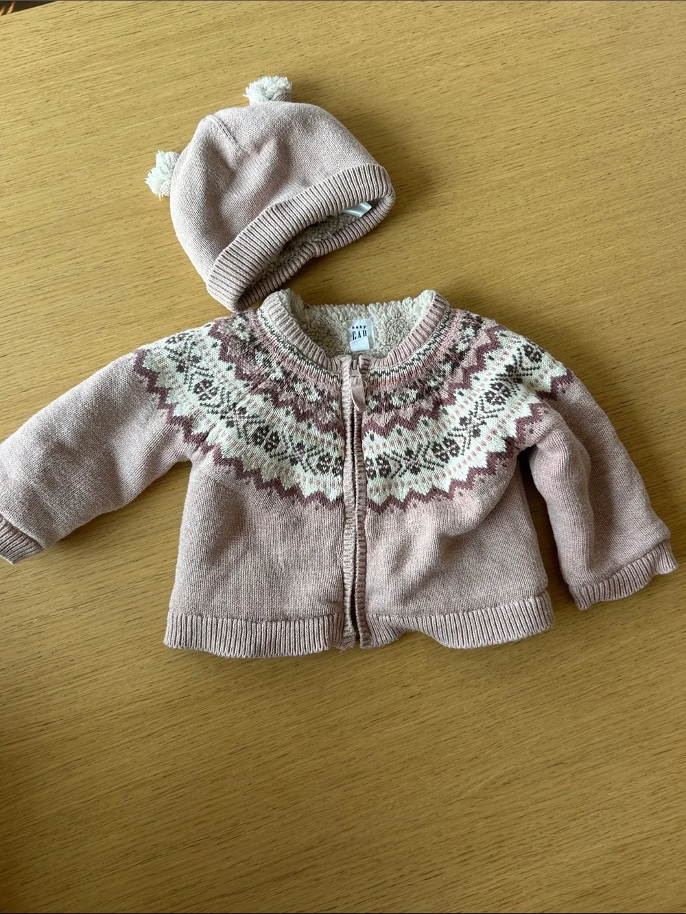 GAP Baby Pink Fair Isle Zip Cardigan with Matching Hat